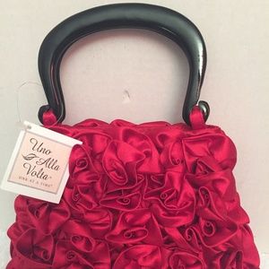 Red Satin Rose Flowers Small Handbag Purse Bag